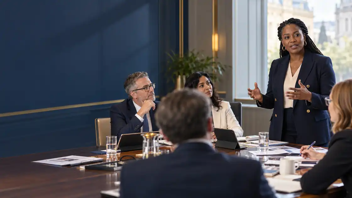 Communications and public affairs leader guiding a senior strategy session.