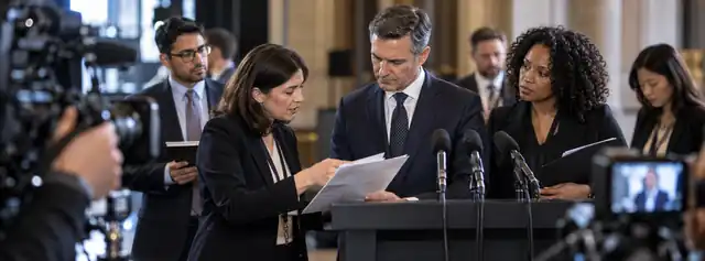 Public affairs team preparing a spokesperson for a press briefing.