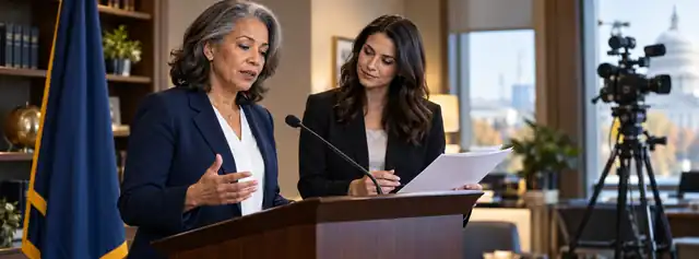 Executive leader preparing public remarks with a communications adviser.