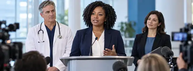 Healthcare spokesperson delivering a professional media briefing.