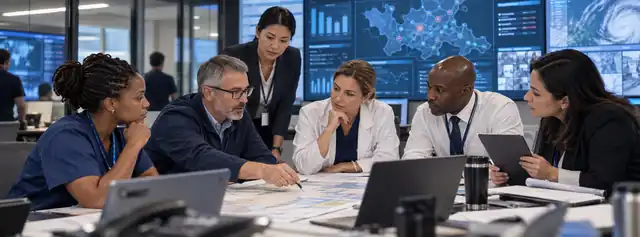 Healthcare leaders coordinating communication during an emergency response.