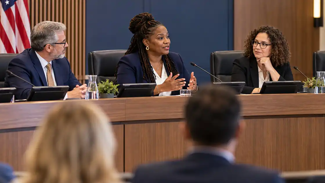 School board and community leaders engaged in a public communication discussion.