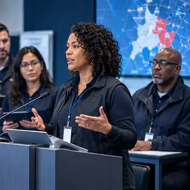 Public information officer briefing an emergency management team.