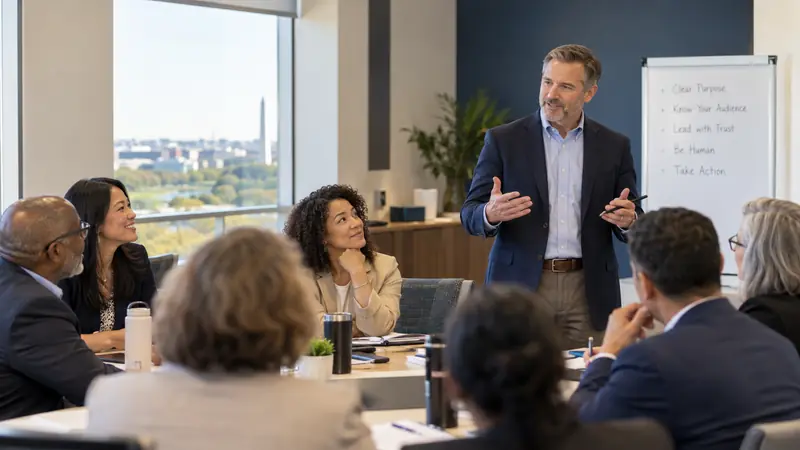 Communications instructor leading an executive workshop for a diverse group of professionals.