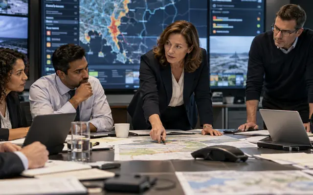 Leaders coordinating an emergency response around an operations center table.