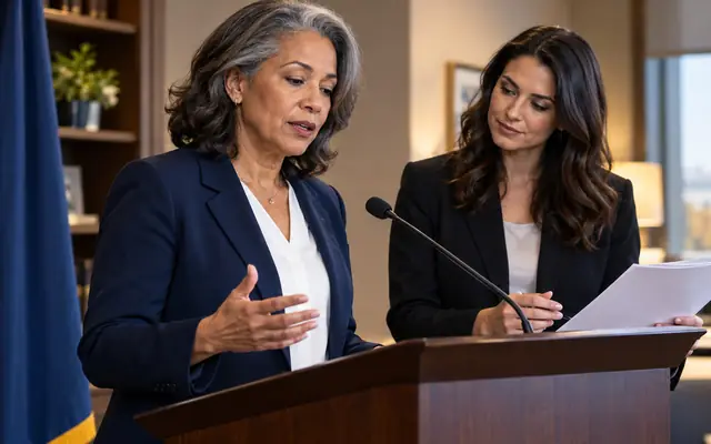 Leader speaking at a podium during a public briefing.